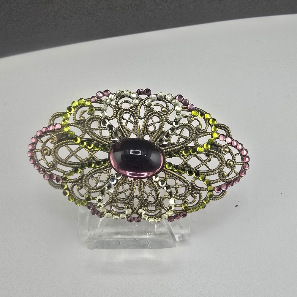 Vintage AKD Brooch Purple Green Pink Rhinestone Filigree Gold Tone 2.25in